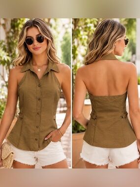 Zara Open Back Halter Top  Bronzed Gold Adjustable Buckled Top